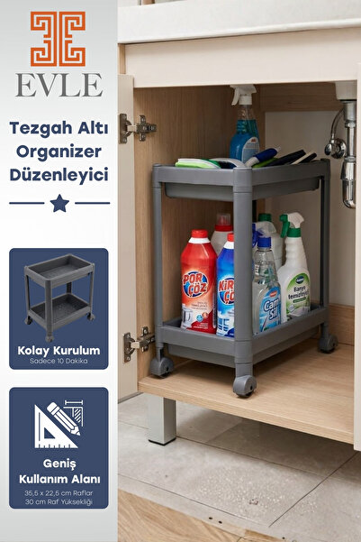 EVLE 2 Katlı Tekerlekli Tezgah Altı Raf Düzenleyici Organizer, Banyo Lavabo A...