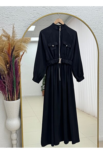 MİHRA STORE Ulku Belted Drawstring Half Zipper Double Pocket Dress-Mn801 Black