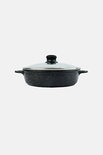 YOTO Cast Aluminium Shallow Casserole With Glass Lid 24 cm, Black