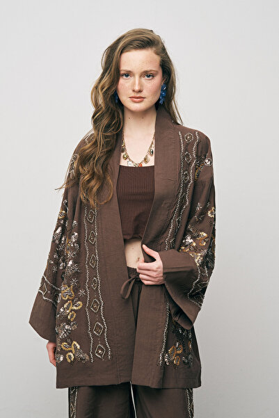 Orfeo Negro Kimono de lux din liosel, brodat etnic și cu paiete, pentru femei