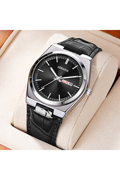 AIMANA Luxury Men's Watch - Black Dial, Black Leather Strap, Day & Date Display