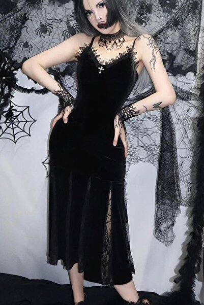 ARS Butik Gothic Lace Detailed Strappy Slit Midi Length Velvet Dress