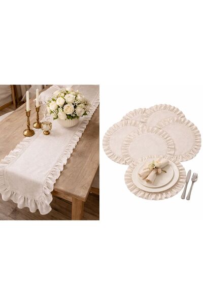 ROSERA HOME Fırfırlı Runner ve Supla Takımı - Masa Örtüsü Takımı 7 Parça 120 ...