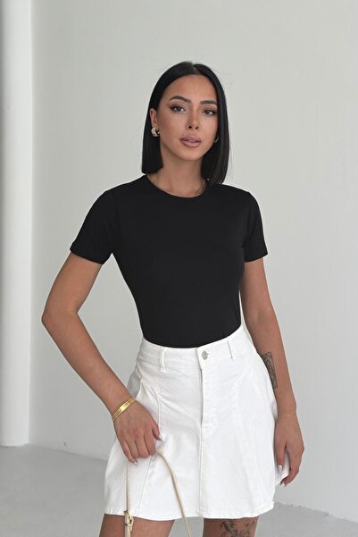 Lunamiratto Women's Black Crew Neck Short Sleeve Body Basic Fit Cotton Stretc...