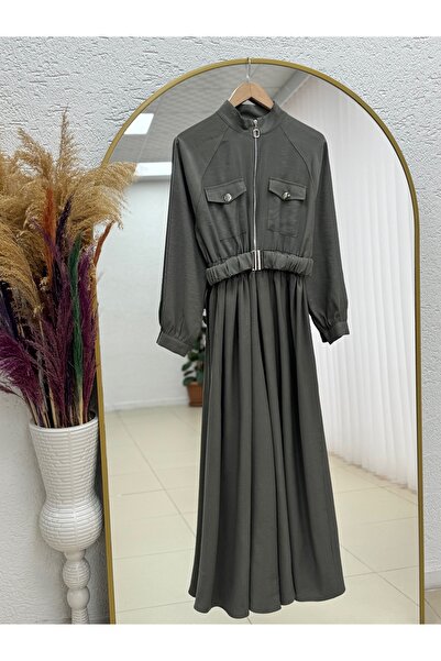 MİHRA STORE Ulku Belted Drawstring Half Zipper Double Pocket Dress-Mn801 Khaki