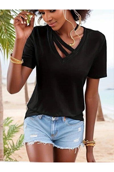 nedo7 Women's Short Sleeve V-Neck Stripe Detail Viscose Blouse