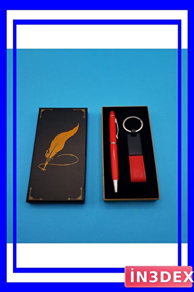İN3DEX سلسلة مفاتيح جلدية ومجموعة أقلام متوافقة مع التحكم باللمس باللون الأحمر