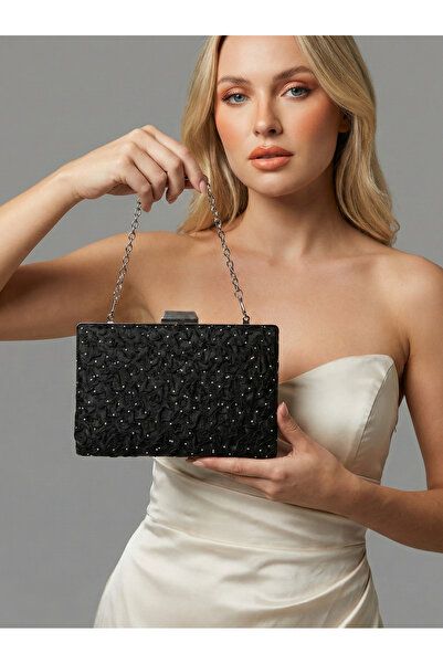 Biçanta Special Design Black Color Wrinkled Stone Satin Chain Handle Women's ...