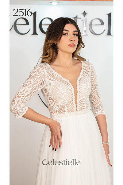 Celestielle A-line wedding dress with natural silk skirt, lace and three-quar...