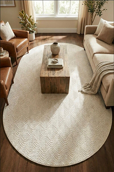 Raschel Carpet Premium Oval Yıkanabilir Leke Tutmaz Yaprak Emboss Krem Özel S...