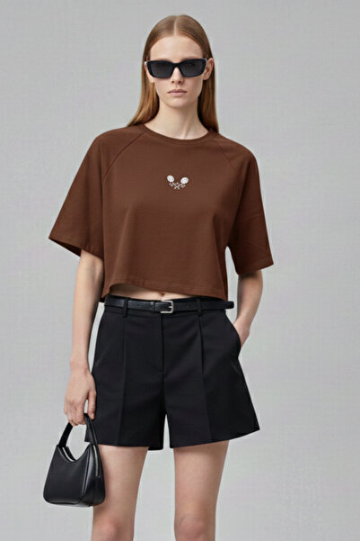 Softandbasic Tricou crop scurt pentru femei, cu broderie, 100% bumbac organic...