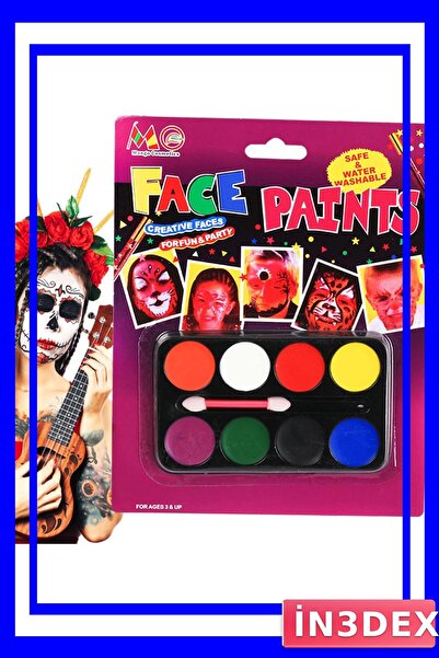 İN3DEX Su Bazlı Yüz Boyama Paleti 8 Farklı Renk Seçeneği