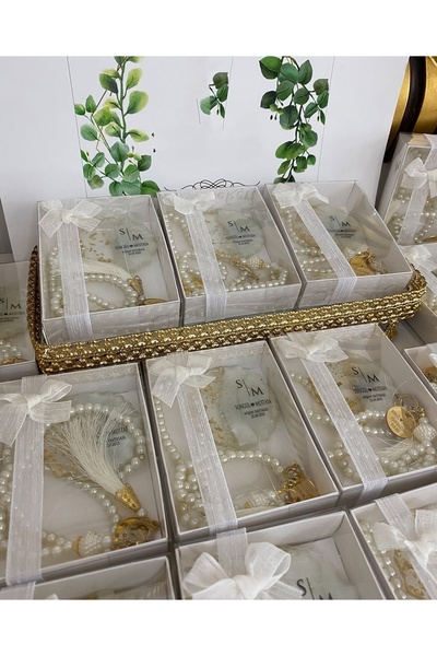 Siyah Lale Nikah Şekeri İnci Tesbih ve Epoksi Set Nikah, Söz, Nişan Hediyelik...