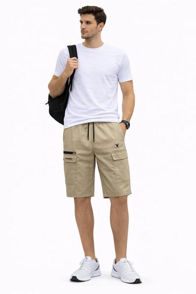 RAPAPA Men's Cargo Shorts – Elastic Waist, Pockets, Relaxed Fit (Beige) 2906