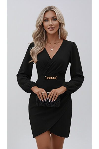 JANES Double-Breasted Crepe Fabric Mini Evening Dress with Collar Chain Detai...