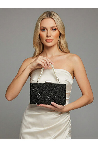 Biçanta Special Design Black Color Wrinkled Stone Satin Chain Handle Women's ...