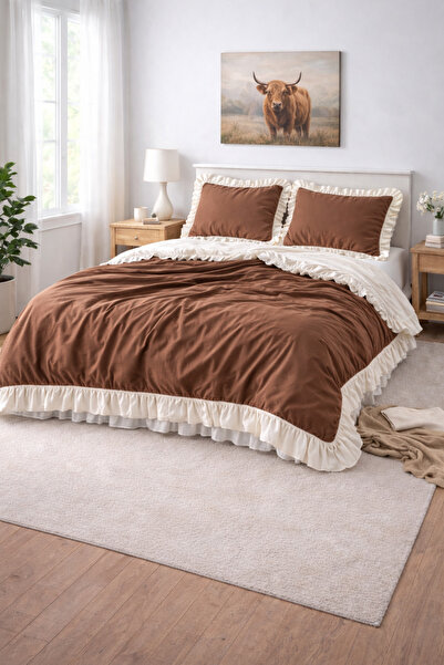 GÖRMEZ TEKSTİL Warm Cotton Brown - Single Ruffle Duvet Cover Set Natural Cotton