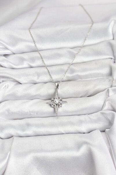 BSRE قلادة نسائية فضية اللون مرصعة بحجر الزركون على شكل نجمة القطب (فولاذ 316L)