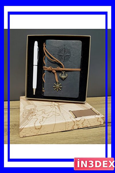 İN3DEX مجموعة دفتر ملاحظات جلدي وقلم لمس بنمط البوصلة