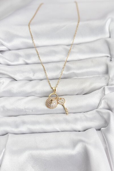 BSRE قلادة نسائية بلون ذهبي مع مفتاح على شكل قفل وحجر الزركون (فولاذ 316L)