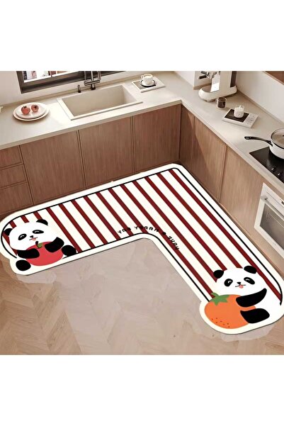Qatalina L Şekilli Panda Desenli Kaymaz Taban Mutfak Halısı | Çizgili Eğlence...