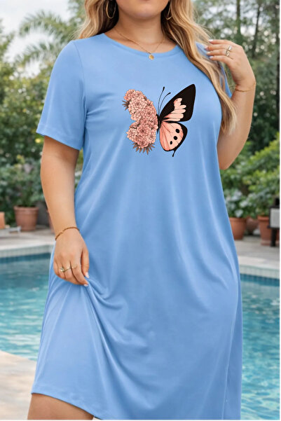 Pink Sky Rochie tricou cu mânecă scurtă pentru femei de mărime mare, cu decol...