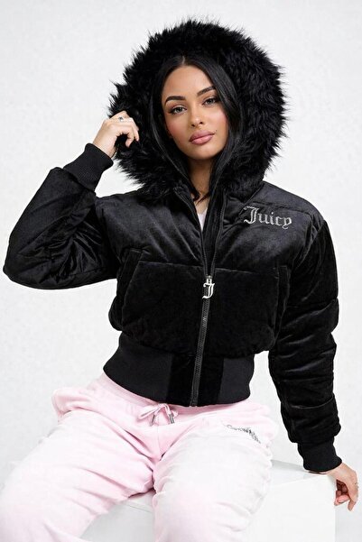 Karakedi Hooded Fur Detail Juicy Short Black Coat with Elastic Waist