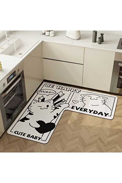 Qatalina L Tipi Kedi Desenli Kaymaz Mutfak Halısı Eğlenceli Tasarım