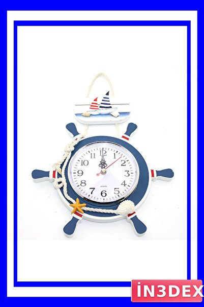 İN3DEX Deniz Temalı Ahşap Duvar Saati Dümen Tasarımlı