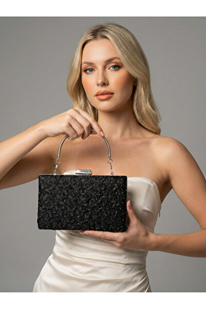 Biçanta Special Design Black Color Wrinkled Stone Satin Chain Handle Women's ...