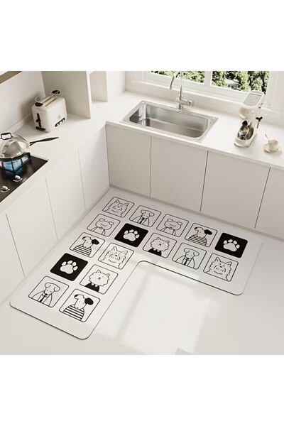 Qatalina L Şekilli Köpek Desenli Kaymaz Taban Mutfak Halısı | Modern Siyah Be...