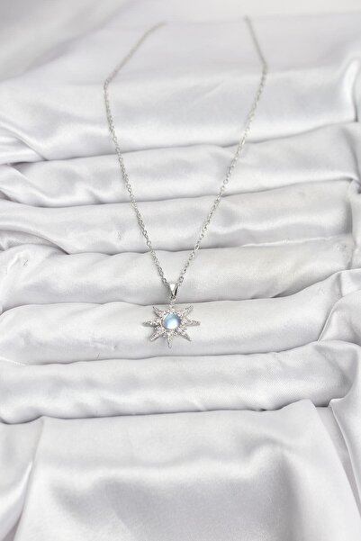 BSRE قلادة نسائية فضية اللون مرصعة بحجر الزركون على شكل نجمة القطب (فولاذ 316L)