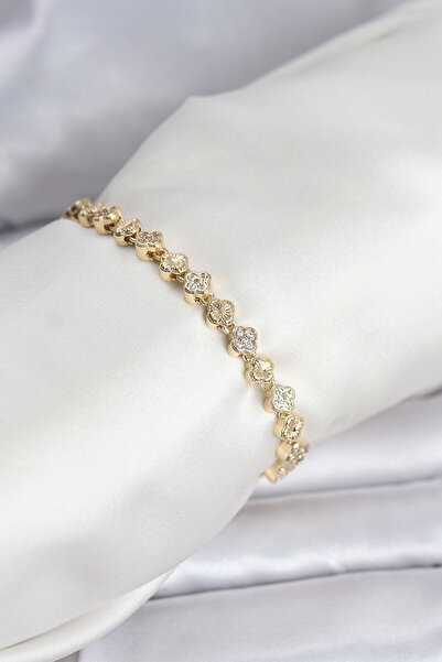 Twin Store Brass Gold Color Vip Series Row Clover Model Zircon Stone Women's ...