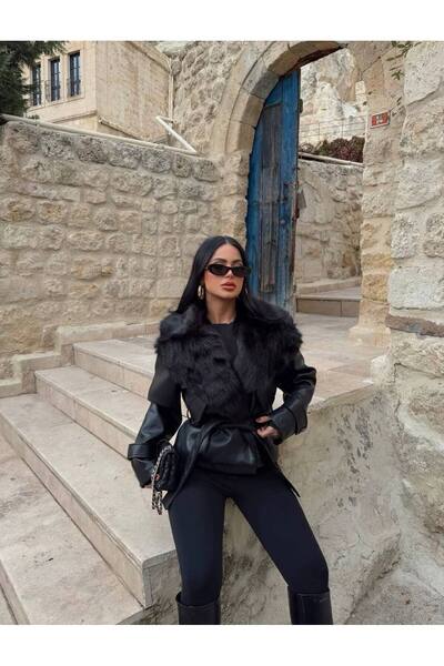 Vera İthal Astarlı Geniş Yaka Kürklü Deri Ceket – Şık & Oversize