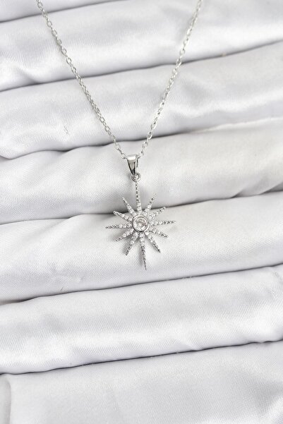 Nehir 316L Steel Chain Silver Color Pole Star Model Zircon Stone Women's Neck...