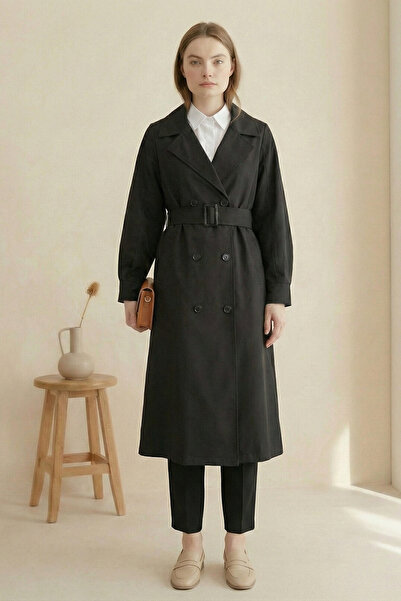 Kirazgym Balloon Sleeve Buckle Belted Side Pocket Trench Coat - Black
