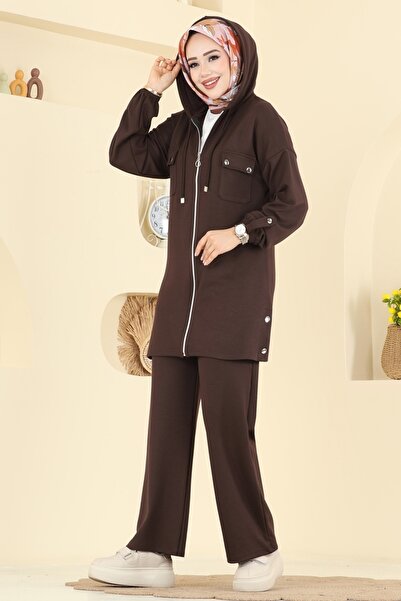 ModaMerve Aksesuar Düğmeli Modal Takım 2748AYD574-MS Kahve