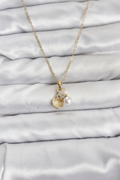 Clariss 316L Çelik Zincir Gold Renk Deniz Kabuğu ve Deniz Yıldızı Model Zirko...
