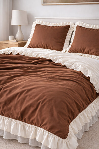 GÖRMEZ TEKSTİL طقم غطاء لحاف مزدوج من القطن الدافئ باللون البني - مصنوع من ال...