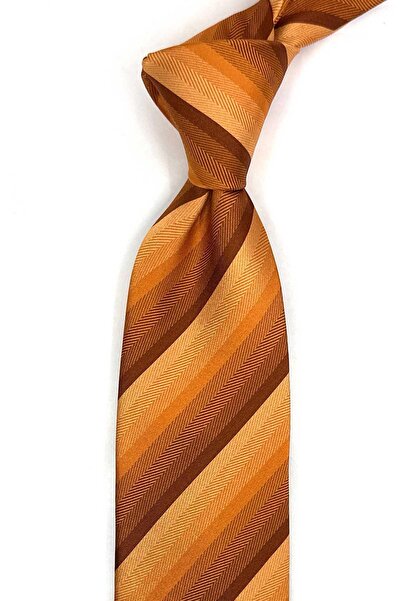 Kravatkolik Volpi Style Orange Line Pattern Italian Silk Tie İk2281