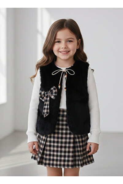 MeaShop Girl's Bow Detail Fur Vest Set Plaid 3-Piece Set with Shorts and Skirt