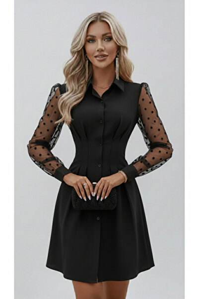 JANES Shirt Collar Polka Dot Tulle Sleeve Black Crepe Dress - Modern Elegance