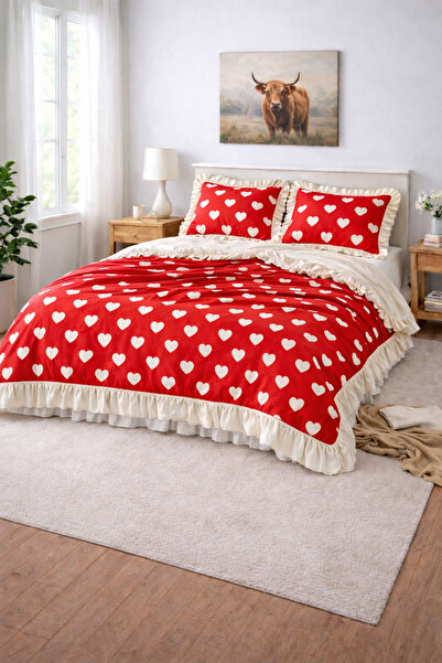 GÖRMEZ TEKSTİL Leyla Red - White Single Ruffle Duvet Cover Set Natural Cotton