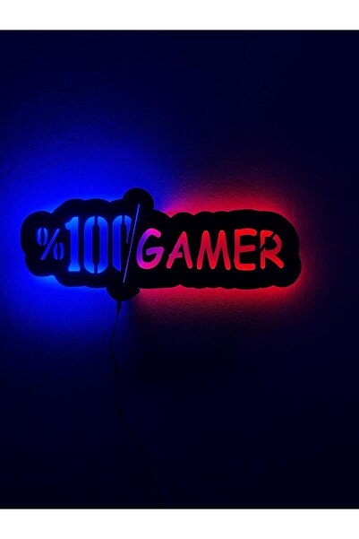 sem concept Ledli % 100 Gamer Dekoratif Duvar Yazısı, Işıklı Ahşap Tablo, Gen...