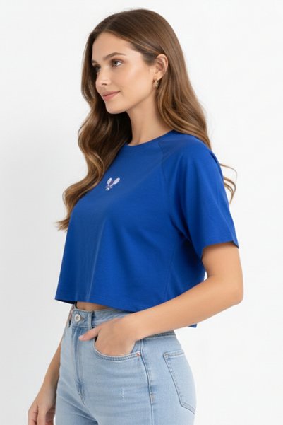 soft&basic Women's Embroidered Regular 100% Organic Cotton Round Neck Short Crop T-Shirt