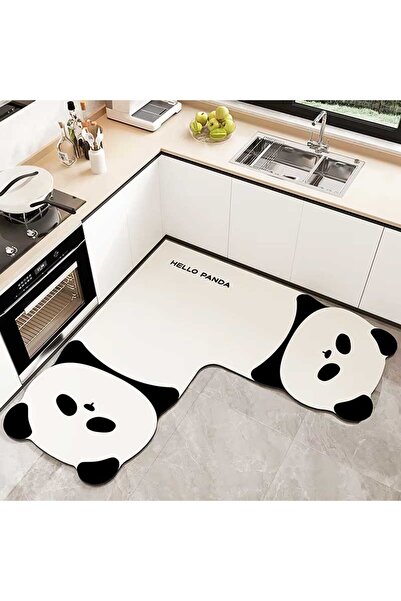 Qatalina L Şekil Özel Kesim Panda Mutfak Halısı | Kaymaz Taban Kolay Temizlik