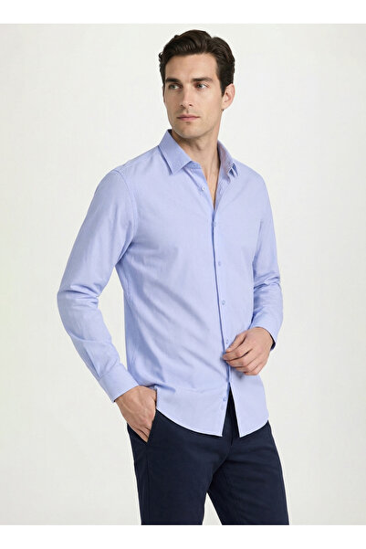 Fabrika Regular Fit Alttan Britli Yaka Çizgili Mavi Erkek Gömlek MAYDOS 505 N