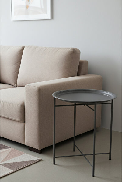 Doğa Dizayn Modern Metal Yuvarlak Yan Sehpa | Tepsi Üst Tabla | Antrasit Gri