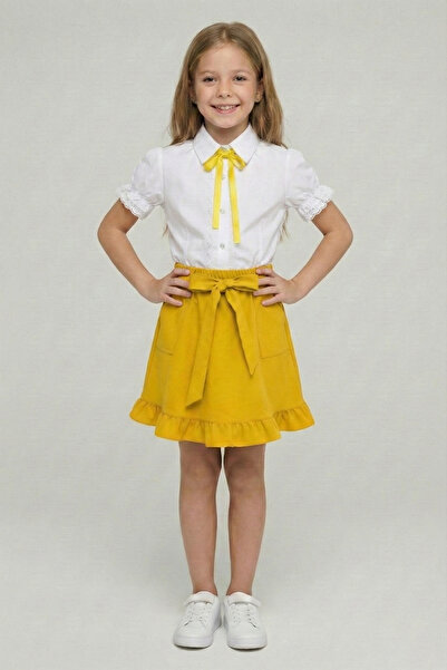 FATELLA Cămașă cu dantelă brodată cu fundă galbenă pentru fetițe, set cu fust...