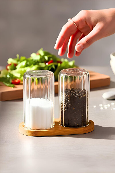 tutku home 2'li Rölyefli Bambu Standlı Borosilikat Cam Tuzluk